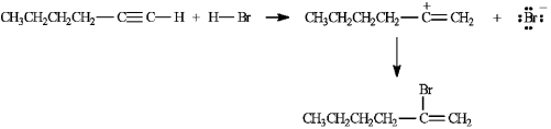 On the structures provided, draw arrows showing the electron flow in the reaction mechanism for the electrophilic addition of hydrogen bromide to hex-1-yne.  