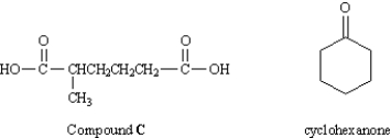 To answer the questions below, consider the following information: In an abandoned laboratory has been found a flammable liquid, A, in a bottle bearing only the label  Compound A: C<sub>7</sub>H<sub>12</sub>. Government agents have offered you a considerable sum to determine the structure of this compound. After verifying the molecular formula by elemental analysis, you find that Compound A reacts with 1 mol equiv of hydrogen and, after treatment with acidic KMnO<sub>4</sub>, gives the dicarboxylic acid C (see below). Another bottle from the same laboratory is labeled  Compound B (isomer of A).  Compound B also reacts with 1 mol equiv of hydrogen, but yields cyclohexanone after treatment with acidic KMnO<sub>4</sub>.   -Refer to Instructions. Suggest structures for A and B.