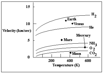 The graph below plots the escape velocity of each planet along the vertical axis and its surface temperature along the horizontal. The lines plotted in the figure are the speeds of the fastest gas particles as a function of temperature for various gases. Which of the gases plotted in the diagram could be retained in the atmosphere of Mars?   A)  only CO<sub>2</sub> B)  only NH<sub>3</sub> C)  CO<sub>2</sub>, NH<sub>3</sub>, and O<sub>2</sub> D)  only H<sub>2</sub> E)  H<sub>2</sub> and He