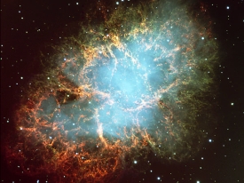 The image shows the Crab Nebula. The Crab Nebula is   A)  a planetary nebula. B)  a name for the cloud of gas and dust which later became our solar system. C)  an ejected cloud of gas from a supernova. D)  in the constellation Orion, containing many bright young blue stars.