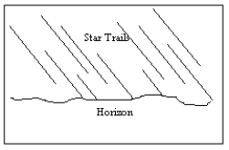 An observer in the Southern Hemisphere takes a time exposure photograph of the night sky. If the illustration below depicts the photograph taken by the observer, which direction was the camera pointing?   A)  straight north B)  straight east C)  straight south D)  straight west E)  straight up, directly overhead