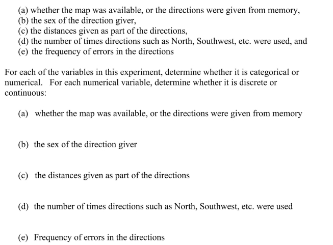 In a study of how college students give directions from maps, 40 Introductory Psychology volunteers, 20 men and 20 women, were given the task of giving directions to another.Observations were made of subjects' direction-giving behavior in the experiment:  