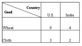 The table below shows units of wheat and cloth produced by each worker per day in both the countries. Table 20.1    -Refer to Table 20.1. Which of the following statements is true? A)  India has an absolute advantage in the production of cloth. B)  India has an absolute advantage in the production of both wheat and cloth. C)  The U.S. has an absolute advantage in the production of wheat but not cloth. D)  The U.S. has an absolute advantage the production of cloth but not wheat. E)  The U.S. has an absolute advantage in the production of both wheat and cloth.