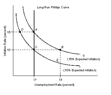 The figure given below represents the new classical long run and short run Phillips curve measuring inflation rate on vertical axis and unemployment rate on horizontal axis. Figure 15.2    -Refer to Figure 15.2. Assume that the government adopted an unexpected expansionary monetary policy that has the economy currently at point D. If people expect that this inflation rate will persist next year, the economy will now: A)  move to point A. B)  move to point B. C)  move to point C. D)  move to point E. E)  remain at point D.