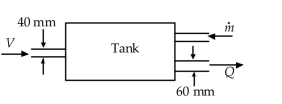 <strong> \text {Water flows into and out of the tank. If V = 8 \mathrm {~m} / \mathrm { s } and} Q = 0.02 \mathrm {~m} ^ { 3 } / \mathrm { s } , \text {the mass flux is nearest:} </strong> A) 6 kg/s B) 8 kg/s C) 10 kg/s D) 12 kg/s