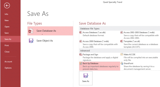   -In the figure above, if you save to an executable database file, you will create a file with a <u>.accdt </u>file extension.
