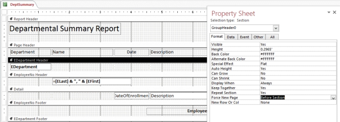   -In the figure above, which property is being modified? A)  Force New Page B)  New Row or Col C)  Department Header D)  DeptSummary