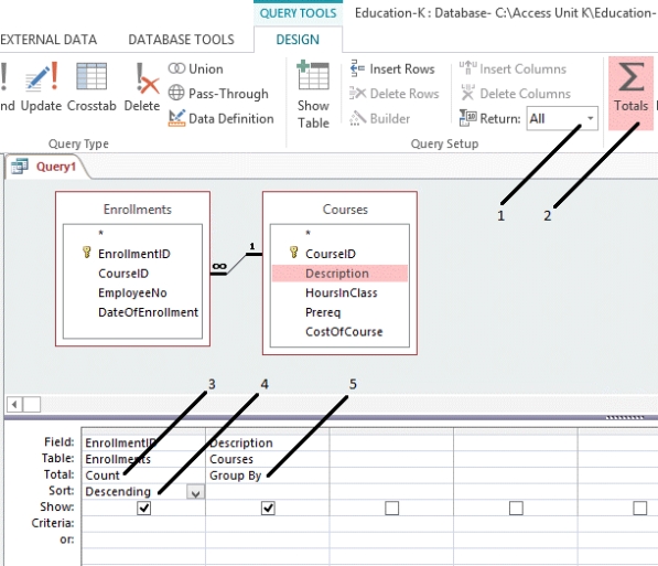   -In the figure above, what does item 2 toggle on and off? A)  Criteria row B)  Totals row C)  Show row D)  Sort row