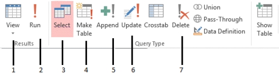   -Items 3 through 7 shown in the figure above are Query _________________________ buttons displayed on the DESIGN tab.