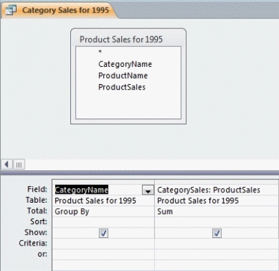   -In the figure above, what is the name of the query being constructed? A)  Category Sales for 1995 B)  Product Sales for 1995 C)  ProductSales D)  CategorySales