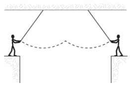 Two circus clowns (each having a mass of 50 kg)  swing on two flying trapezes (negligible mass, length 25 m)  shown in the figure. At the peak of the swing, one grabs the other, and the two swing back to one platform. The time for the forward and return motion is:   A) 10 s. B) 50 s. C) 15 s. D) 20 s. E) 25 s.