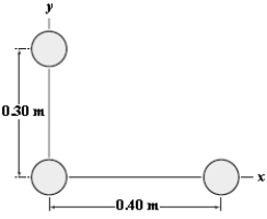 Three 5.0-kg masses are located at points in the xy plane, as shown. What is the magnitude of the resultant force (caused by the other two masses)  on the mass at x = 0, y = 0.30 m?   A) 2.6 * 10-8 N B) 2.0 *10-8 N C) 2.9 * 10-8 N D) 2.3 * 10-8 N E) 2.1 * 10-8 N