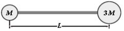 The rigid body shown rotates about an axis through its centre of mass and perpendicular to the paper. If M = 2.0 kg and L = 80 cm, what is the kinetic energy of this object when its angular speed about this axis is equal to 5.0 rad/s? Neglect the mass of the connecting rod and treat the masses as particles.   A) 18 J B) 15 J C) 12 J D) 23 J E) 26 J