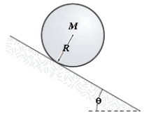  A solid sphere (radius R, mass M)  rolls without slipping down an incline as shown in the figure. The linear acceleration of its centre of mass is:   A) (5/7) g sin  \theta  B) (3/5) g sin  \theta  C) (2/3) g sin  \theta  D) (1/2) g sin  \theta  E) (4/5) g sin  \theta