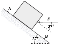  A 4.0-kg block is lowered down a 37 \degree  incline a distance of 5.0 m from point A to point B. A horizontal force (F = 10 N)  is applied to the block between A and B as shown in the figure. The kinetic energy of the block at A is 10 J and at B it is 20 J. How much work is done on the block by the force of friction between A and B?   A) (-58 J)  B) (-53 J)  C) (-68 J)  D) (-63 J)  E) (-47 J)  