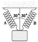 Two identical springs with spring constant 50 N/m support a 5.0 N weight as in the picture below. What is the change in length of each spring when the weight is hung on the springs?   A) 2.9 cm B) 5.0 cm C) 5.8 cm D) 7.5 cm E) 10.0 cm