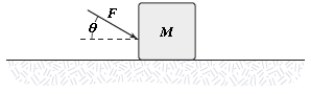  A block is pushed across a horizontal surface by the force shown. If the coefficient of kinetic friction between the block and the surface is 0.30, F = 20 N,  \theta  = 30 \degree , and M = 3.0 kg, what is the magnitude of the acceleration of the block?   A) 2.8 m/s2 B) 2.3 m/s2 C) 1.8 m/s2 D) 3.3 m/s2 E) 5.4 m/s2 