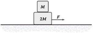 Two blocks are accelerated across a horizontal frictionless surface as shown. Frictional forces keep the two blocks from sliding relative to each other, and the two move with the same acceleration. If F = 1.2 N and M = 1.0 kg, what is the horizontal component (frictional force)  of the force of the large block on the small block?   A) 0.40 N to the left B) 0.80 N to the right C) 0.40 N to the right D) 0.80 N to the left E) 1.20 N to the left
