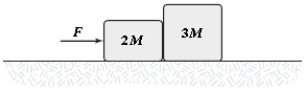 The coefficient of kinetic friction between the surface and the larger block is 0.25, and the coefficient of kinetic friction between the surface and the smaller block is 0.40. If F = 22 N and M = 1.0 kg in the figure, what is the magnitude of the acceleration of either block?   A) 1.8 m/s2 B) 2.6 m/s2 C) 1.4 m/s2 D) 2.2 m/s2 E) 3.7 m/s2
