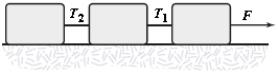 Three boxes slide on a frictionless horizontal surface when pulled by a force of magnitude F. When we compare the tensions T1 and T2 with the force F, we find that   A) T1 = T2 = F. B) T1 = F > T2. C) F > T1 = T2. D) F > T1 > T2. E) F - T1 < T1 - T2.