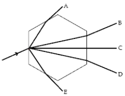  A light ray strikes a hexagonal ice crystal floating in the air at a 30 \degree  angle to one face, as shown below.The hexagonal faces of the crystal are perpendicular to the plane of the page.All the rays shown are in the plane of the page, and nice = 1.30.Which outgoing ray is the correct one?   A) A B) B C) C D) D E) E 