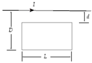 A loop of wire (resistance = 2.0 m  \Omega  )  is positioned as shown with respect to a long wire, which carries a current.If d = 1.0 cm, D = 6.0 cm, and L = 1.5 m, what current is induced in the loop at an instant when the current in the wire is increasing at a rate of 100 A/s?   A) 34 mA B) 30 mA C) 27 mA D) 38 mA E) 0.50 mA 