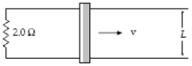  In the arrangement shown, a conducting bar of negligible resistance slides along horizontal, parallel, frictionless conducting rails connected as shown to a 2.0-  \Omega   resistor.A uniform 1.5-T magnetic field is perpendicular to the plane of the paper.If L = 60 cm, at what rate is thermal energy being generated in the resistor at the instant the speed of the bar is equal to 4.2 m/s?   A) 8.6 W B) 7.8 W C) 7.1 W D) 9.3 W E) 1.8 W 