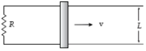  A bar (L = 80 cm)  moves on two frictionless rails, as shown, in a region where the magnetic field is uniform (B = 0.30 T)  and into the paper.If v = 50 cm/s and R = 60 m  \Omega  , what is the magnetic force on the moving bar?   A) 0.48 N to the right B) 0.48 N to the left C) 0.32 N to the left D) 0.32 N to the right E) None of the above 