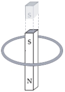 A bar magnet is dropped from above and falls through the loop of wire shown below.The north pole of the bar magnet points downward towards the page as it falls.Which statement is correct?   A) The current in the loop always flows in a clockwise direction. B) The current in the loop always flows in a counter clockwise direction. C) The current in the loop flows first in a clockwise, then in a counter clockwise direction. D) The current in the loop flows first in a counter clockwise, then in a clockwise direction. E) No current flows in the loop because both ends of the magnet move through the loop.