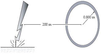  A bolt of lightning strikes the ground 200 m from a 100-turn coil oriented vertically and with the plane of the coil pointing toward the lightning strike.The radius of the coil is 0.800 m and the current in the lightning bolt falls from 6.02 *106 A to zero in 10.5  \mu s.What is the voltage induced in the coil over this time period? [A question for future electrical engineers: Is there any way to get lightning to strike repeatedly at the same point?]   