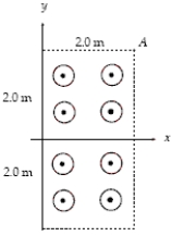  The boundary shown is that of a uniform magnetic field directed in the positive z direction.An electron enters the magnetic field with a velocity pointing along the x axis and exits 0.63  \mu s later at point A.What is the magnitude of the magnetic field?   A) 18  \mu T B) 14  \mu T C) 28  \mu T D) 34  \mu T E) 227  \mu T 
