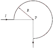 The segment of wire (total length including portions of incoming and outgoing wire = 6R)  is formed into the shape shown and carries a current I.What is the magnitude of the resulting magnetic field at the point P?   A)    B)    C)    D)    E)   