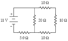  What is the magnitude of the potential difference across the 20- \Omega  resistor?   A) 3.2 V B) 7.8 V C) 11 V D) 5.0 V E) 8.6 V 