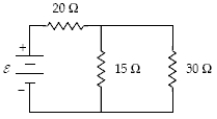  What is the current in the 15- \Omega  resistor when  \varepsilon  = 9.0 V?   A) 0.20 A B) 0.30 A C) 0.10 A D) 0.26 A E) 0.60 A 