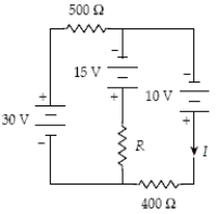  Determine the magnitude and sense (direction)  of the current in the 500- \Omega  resistor when I = 30 mA.   A) 56 mA left to right B) 56 mA right to left C) 48 mA left to right D) 48 mA right to left E) 26 mA left to right 