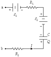 If  \varepsilon  1 = 4.0 V,  \varepsilon 2 = 12.0 V, R1 = 4  \Omega , R2 = 12   \Omega , C = 3  \mu F, Q = 18  \mu C, and I = 2.5 A, what is the potential difference Va-Vb?   A) (-30 V)  B) 30 V C) 5.0 V D) (-5.0 V)  E) (-1.0 V)  