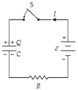  At t = 0 the switch S is closed with the capacitor uncharged.If C = 50  \mu  F,  \varepsilon = 20 V, and R = 4.0 k  \Omega , what is the charge on the capacitor when I = 2.0 mA?   A) 360  \mu C B) 480  \mu C C) 240  \mu C D) 600  \mu C E) 400  \mu C 