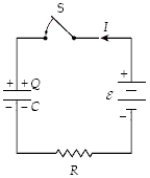  At t = 0 the switch S is closed with the capacitor uncharged.If C = 40  \mu F,  \varepsilon  = 50 V, and R = 5.0 k \Omega , how much energy is stored by the capacitor when I = 2.0 mA?   A) 20 mJ B) 28 mJ C) 32 mJ D) 36 mJ E) 40 mJ 