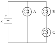  The circuit below contains three 100-W light bulbs.The emf  \varepsilon = 110 V.Which light bulb(s)  is(are)  brightest?   A) A B) B C) C D) B and C E) All three are equally bright. 