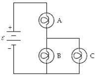  The circuit below contains three 100-watt light bulbs.The emf  \varepsilon  = 110 V.Which light bulb(s)  is(are)  the brightest?   A) A B) B C) C D) B and C E) All three are equally bright. 