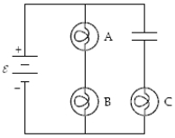  The circuit below contains three 100-watt light bulbs and a capacitor.The emf  \varepsilon  = 110V.The capacitor is fully charged.Which light bulb(s)  is(are)  dimmest?   A) A B) B C) C D) A and B E) All three are equally bright (or dim) . 