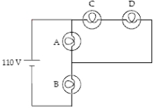 The circuit below contains 4 100-W light bulbs.The emf is 110 V.Which light bulb(s)  is(are)  brightest?   A) A B) B C) C D) D E) C and D