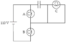 The circuit below contains 3100-W light bulbs and a capacitor.The emf is 110 V.Which light bulb(s)  is(are)  brightest? (Assume the capacitor is fully charged.)    A) A B) B C) C D) A and B E) All three are equally bright.
