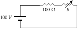  A series circuit consists of a 100 V DC power source, a 100   \Omega   resistor, and a variable resistor of resistance R, which varies from 0 to 100   \Omega  .The current in the circuit is:   A) directly proportional to R. B) inversely proportional to R. C) directly proportional to (100   \Omega   + R) . D) inversely proportional to (100   \Omega   + R) . E) neither directly nor inversely proportional to R or to (100   \Omega  + R) . 
