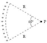 Charge of uniform density (3.5 nC/m)  is distributed along the circular arc shown.Determine the electric potential (relative to zero at infinity)  at point P.   A) 61 V B) 42 V C) 52 V D) 33 V E) 22 V
