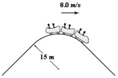 A roller-coaster car has a mass of 500 kg when fully loaded with passengers. The car passes over a hill of radius 15 m, as shown. At the top of the hill, the car has a speed of 8.0 m/s. What is the force of the track on the car at the top of the hill?   A) 7.0 kN up B) 7.0 kN down C) 2.8 kN down D) 2.8 kN up E) 5.6 kN down