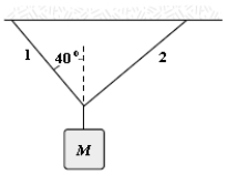 In the figure, if the tension in string 1 is 34 N and the tension in string 2 is 24 N, what is the mass of the object shown? ​   ​ A) 7.3 kg B) 5.5 kg C) 1.8 kg D) 3.7 kg E) 4.5 kg