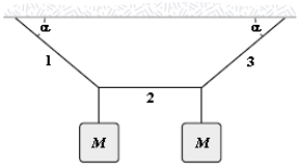 If α = 40° and the tension in string 2 is 30 N, determine M.   A) 3.4 kg B) 3.6 kg C) 2.6 kg D) 4.9 kg E) 7.5 kg