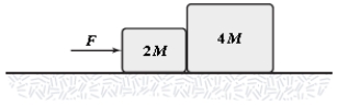The horizontal surface on which the objects slide is frictionless. If M = 1.0 kg and the magnitude of the force of the small block on the large block is 5.2 N, determine F.   A) 6.0 N B) 9.0 N C) 7.8 N D) 4.8 N E) 4.1 N