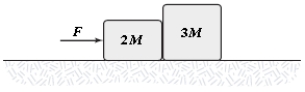 The coefficient of kinetic friction between the surface and the larger block is 0.25, and the coefficient of kinetic friction between the surface and the smaller block is 0.40. If F = 22 N and M = 1.0 kg in the figure, what is the magnitude of the acceleration of either block? ​   ​ A) 1.8 m/s<sup>2</sup> B) 2.6 m/s<sup>2</sup> C) 1.4 m/s<sup>2</sup> D) 2.2 m/s<sup>2</sup> E) 3.7 m/s<sup>2</sup>
